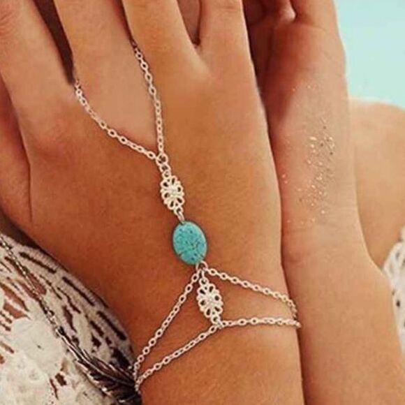 Silver and Turquoise Bracelet Hand Harness - Picture 1 of 7